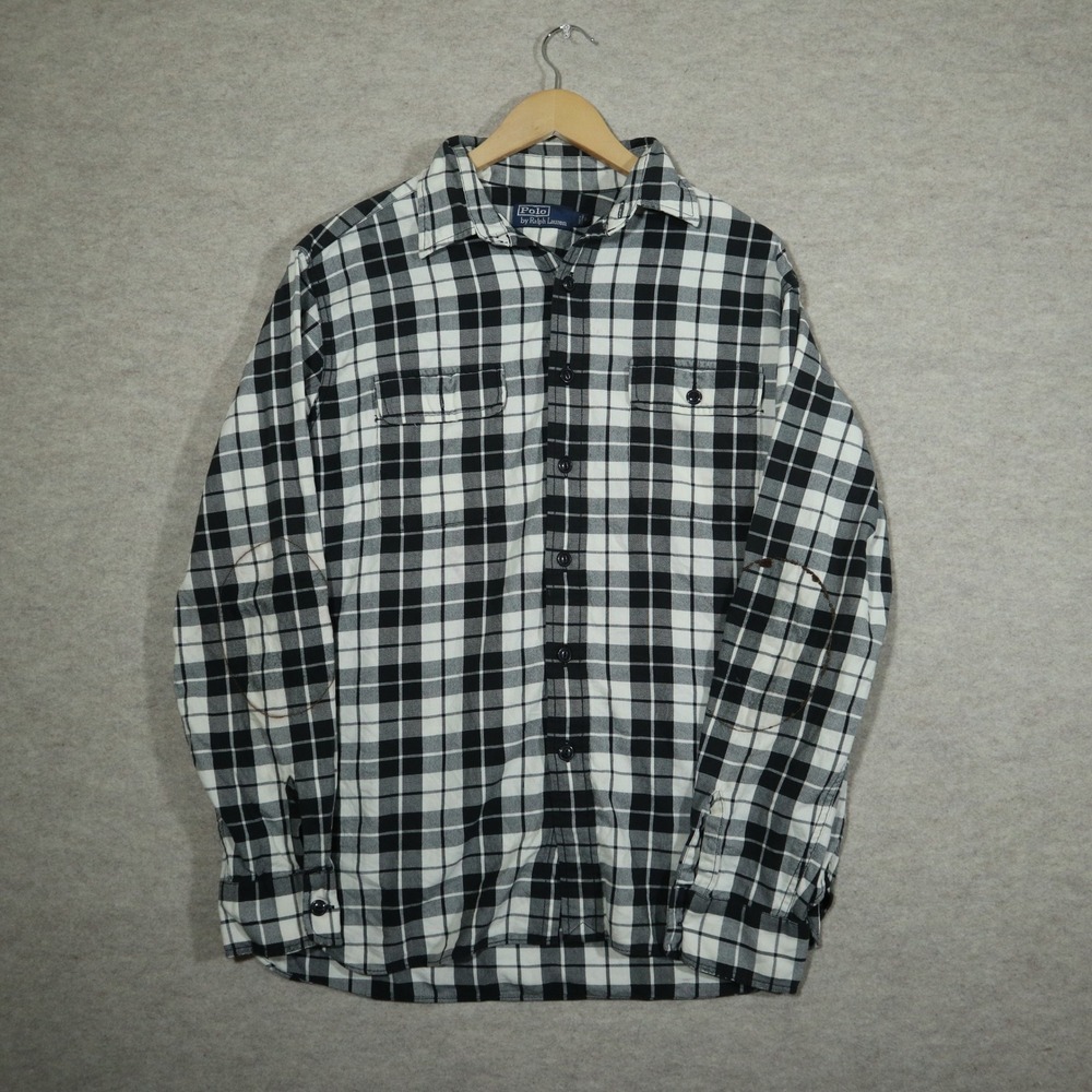 Polo Ralph Lauren Shirt Mens Large Black White Plaid Flannel Button Down Flaws